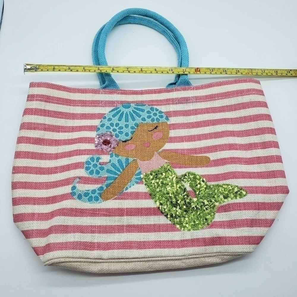 MUD Pie unisex mermaid tote bag pink stripe sequin woven fiber aqua handles
